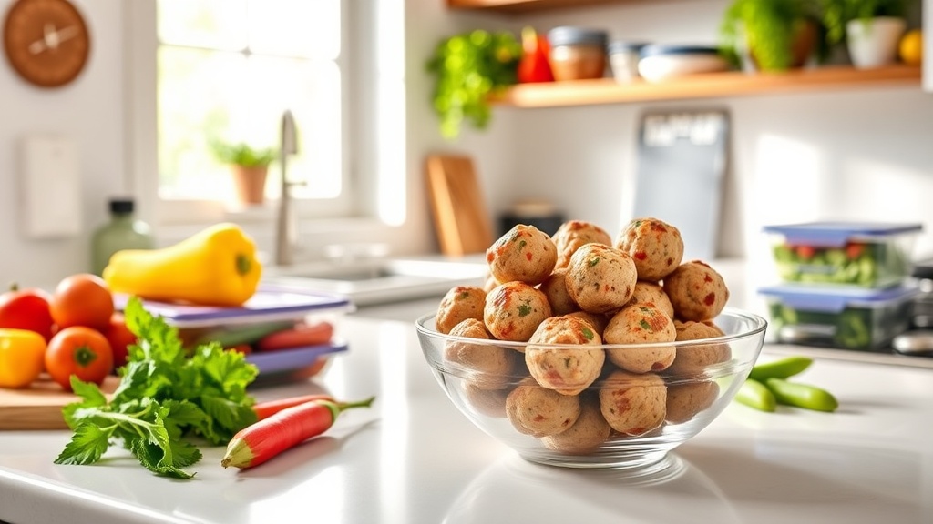 A clean kitchen countertop with turkey meatballs and fresh vegetables