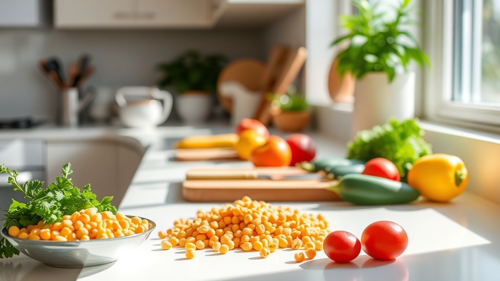 Bright kitchen countertop with fresh chickpeas and vegetables for meal prep