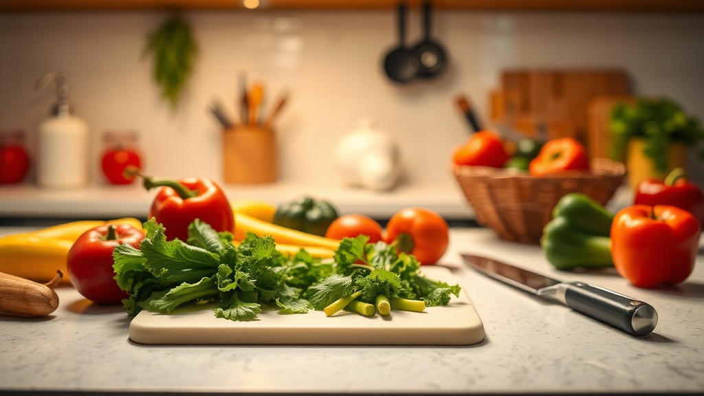 Organized kitchen countertop with fresh vegetables and cutting board for meal prep