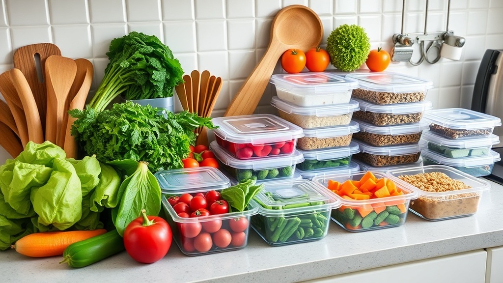 Organized kitchen countertop with fresh ingredients for vegan meal prep