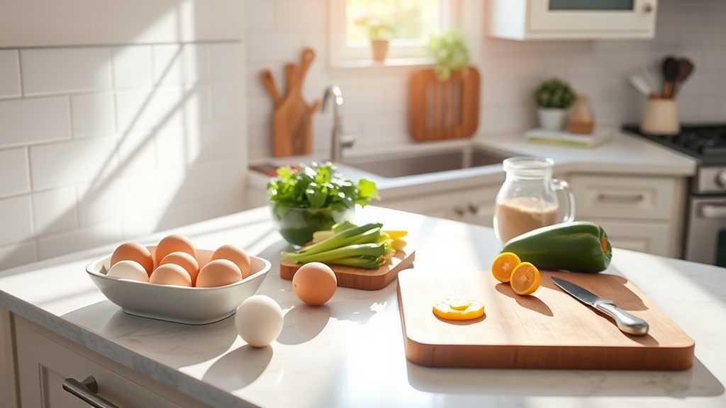 Bright kitchen countertop with fresh breakfast ingredients
