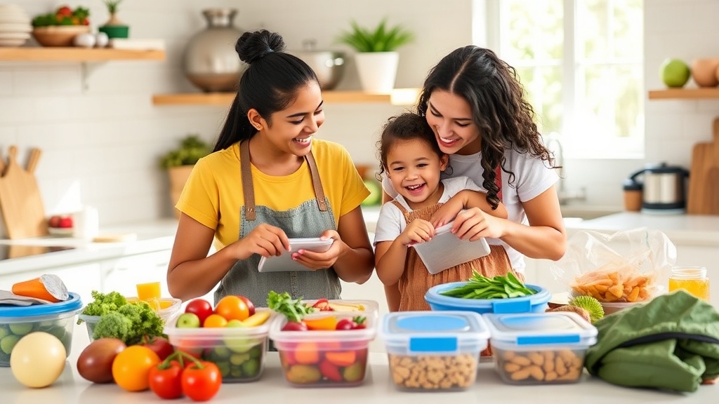Parent and child preparing healthy lunch boxes in a bright kitchen