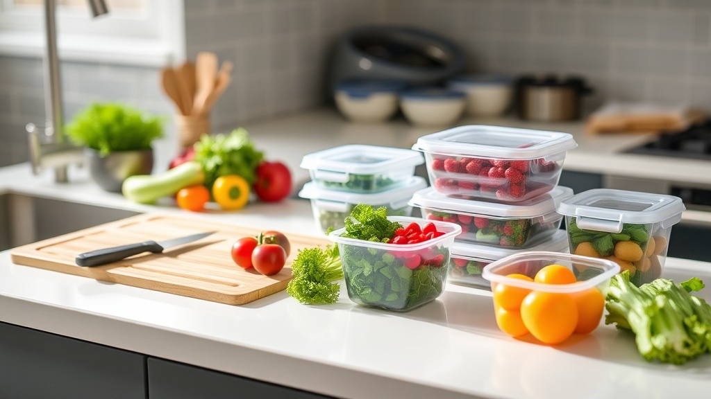 Organized kitchen countertop with cutting board and fresh vegetables