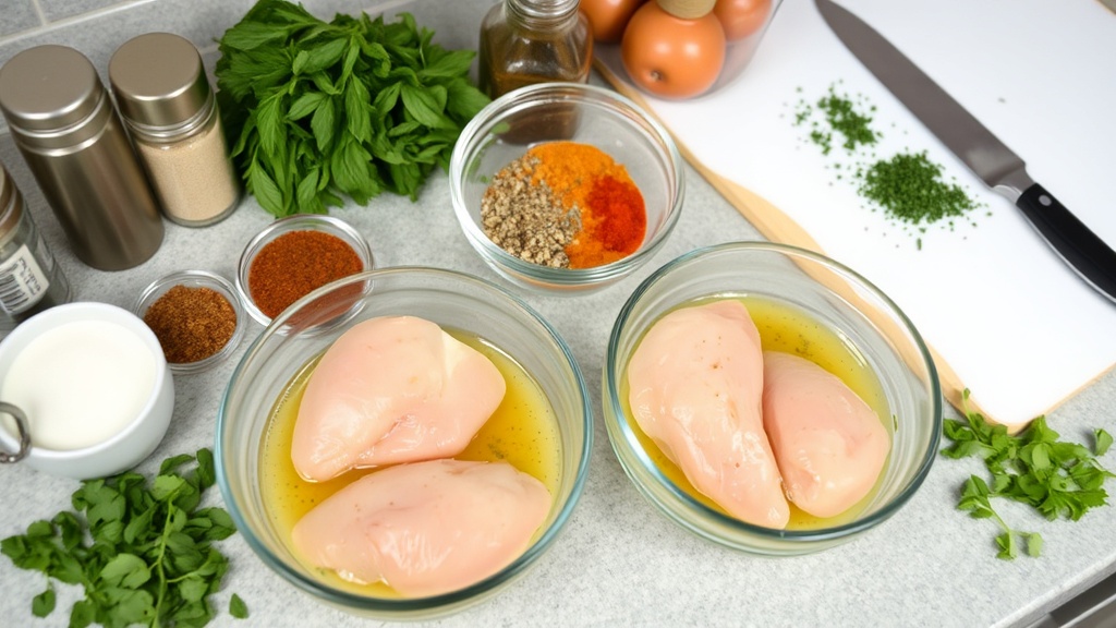 Organized kitchen countertop with marinating chicken breasts and spices