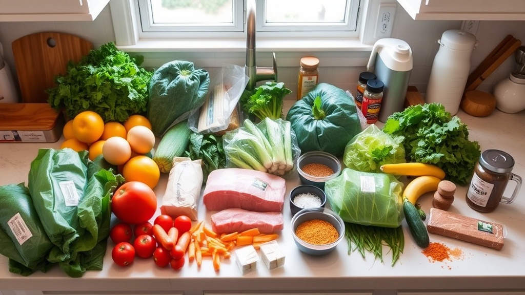 Organized kitchen countertop with Whole 30 meal prep ingredients