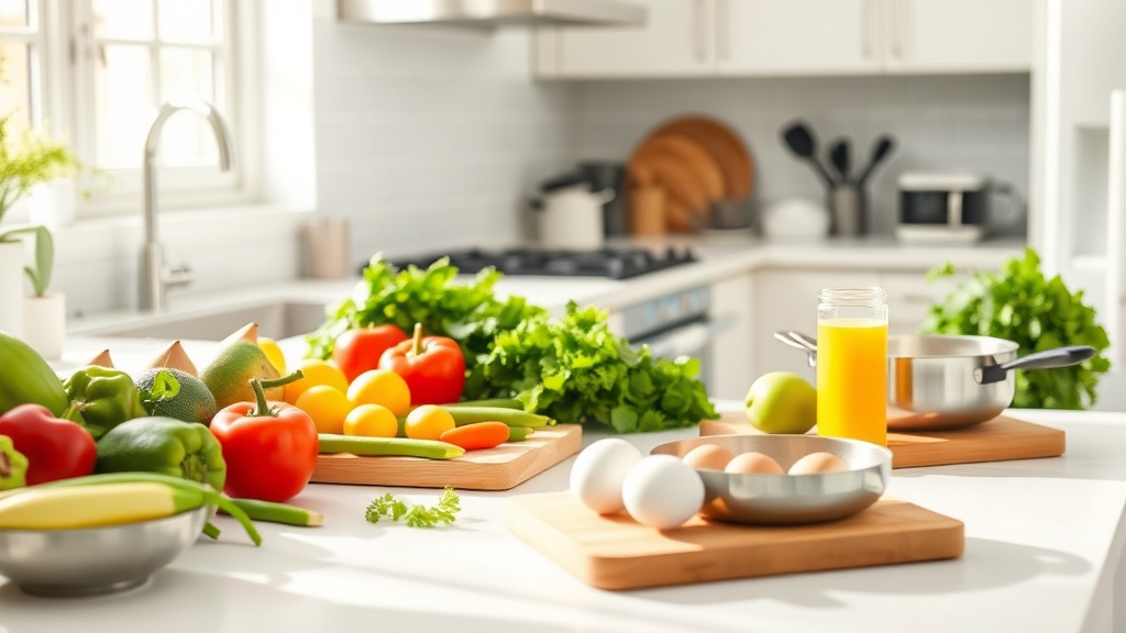 Organized kitchen prep surface with fresh ingredients for breakfast