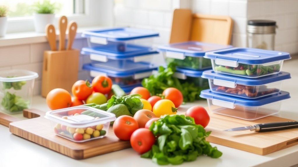 Organized kitchen countertop with fresh ingredients for meal prepping