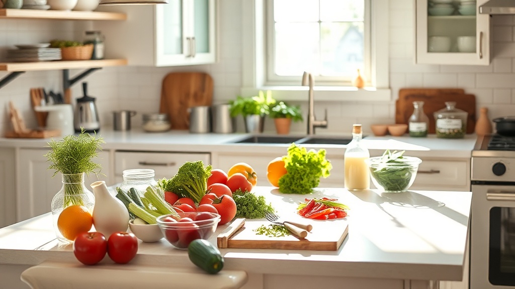 Bright and organized kitchen with fresh ingredients on a clean prep surface