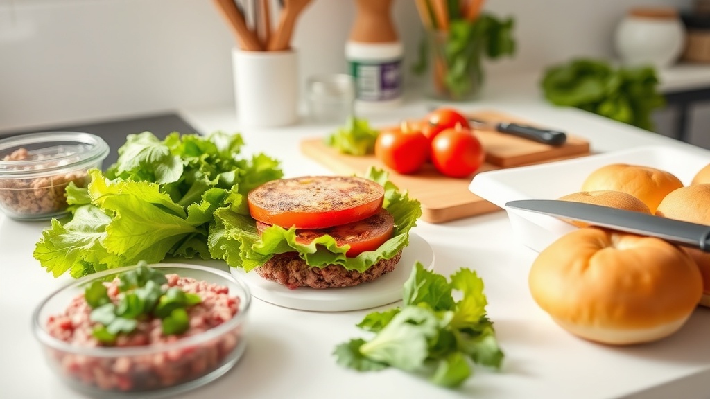 Organized kitchen countertop with ingredients for hamburger meal prep