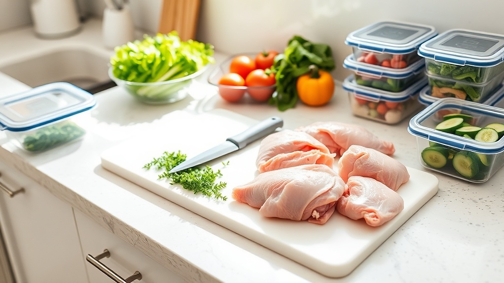 Organized kitchen countertop with cutting board and meal prep ingredients