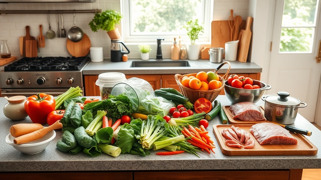 Organized kitchen countertop with fresh ingredients for meal prep