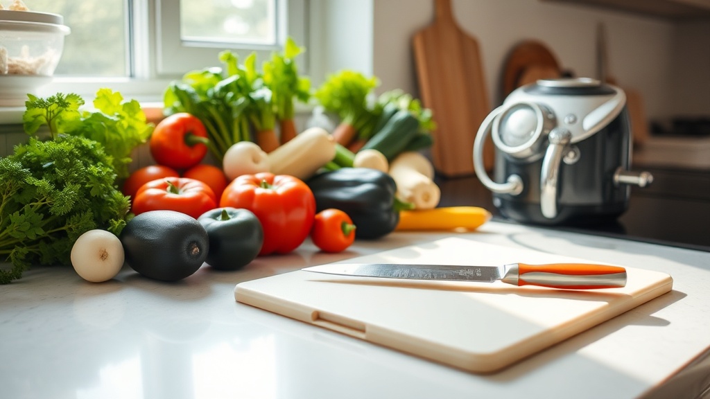 Organized kitchen countertop with fresh vegetables and meal prep tools