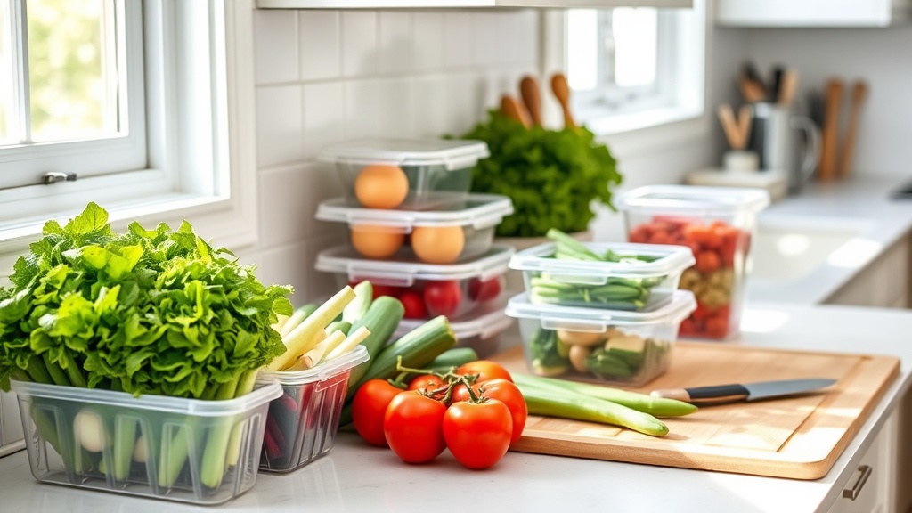 Organized kitchen countertop with meal prep ingredients