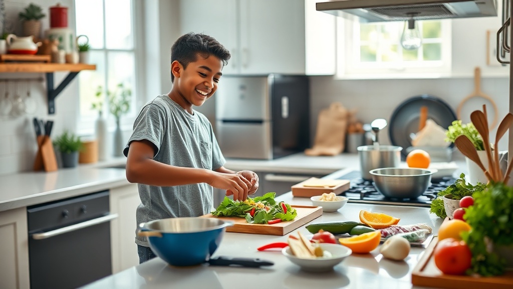 Student cooking in a bright, organized kitchen