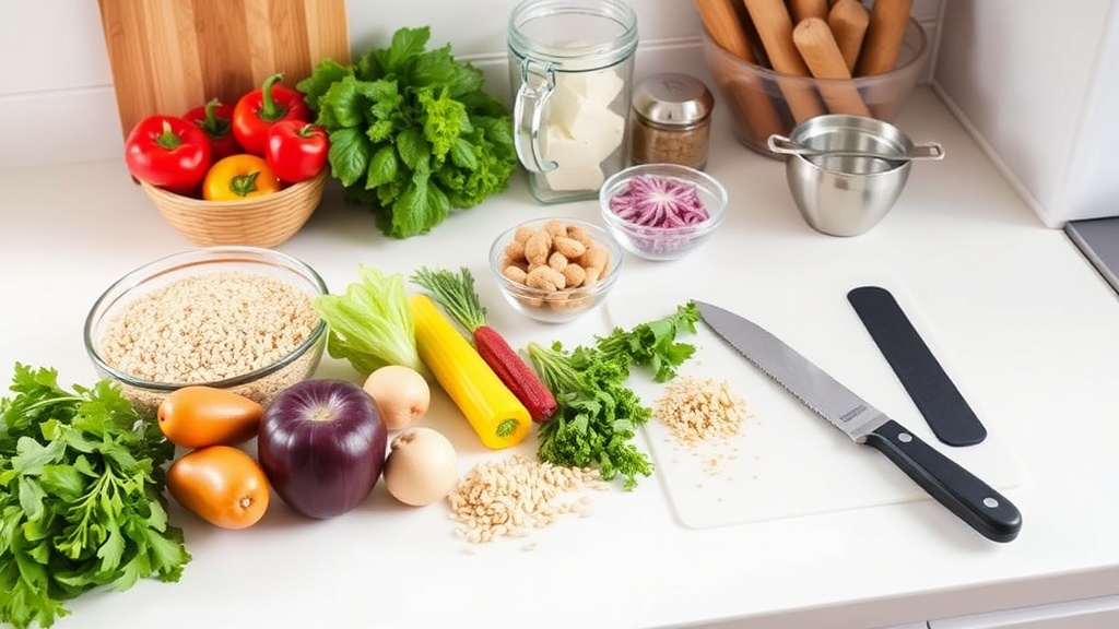 Organized kitchen countertop with fresh meal prep ingredients