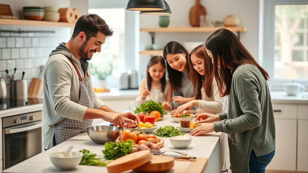 Family cooking together in a clean, organized kitchen