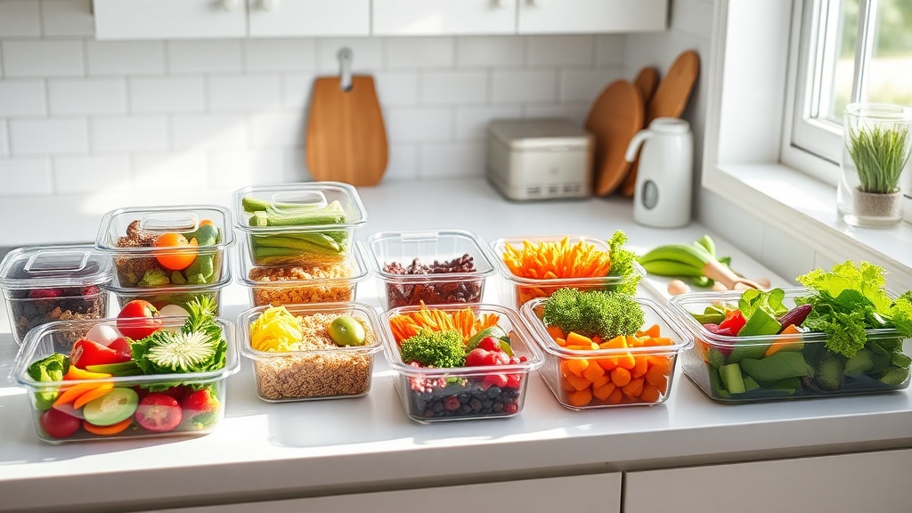 Organized kitchen countertop with healthy meal prep ingredients