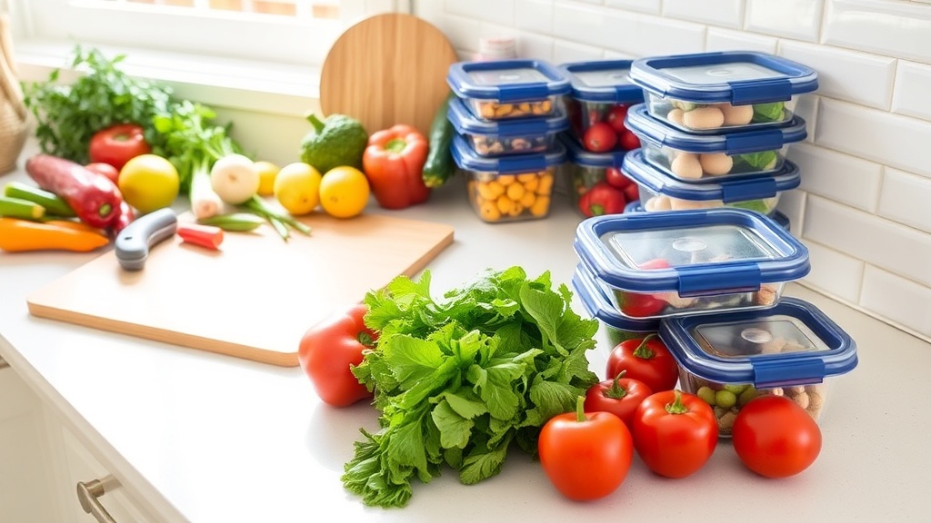 Organized kitchen countertop with fresh ingredients for meal prep