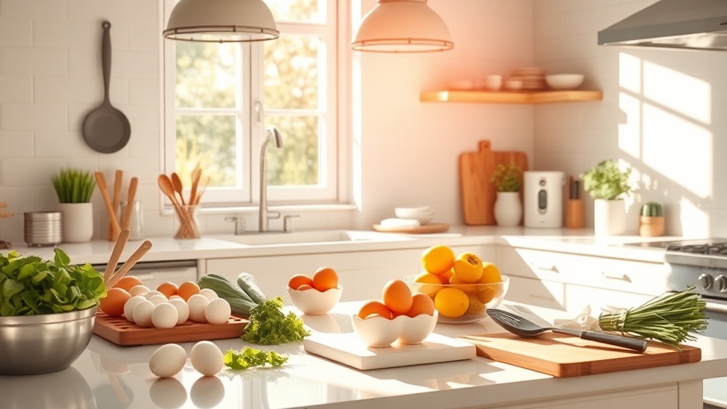 Bright kitchen with organized prep surface and fresh ingredients