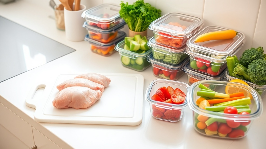 Organized kitchen countertop for chicken meal prep