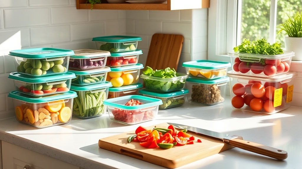 Colorful meal prep containers on a kitchen countertop