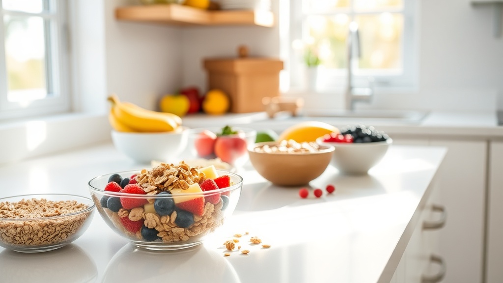 Bright kitchen with organized prep surface and ingredients for healthy breakfast bowls