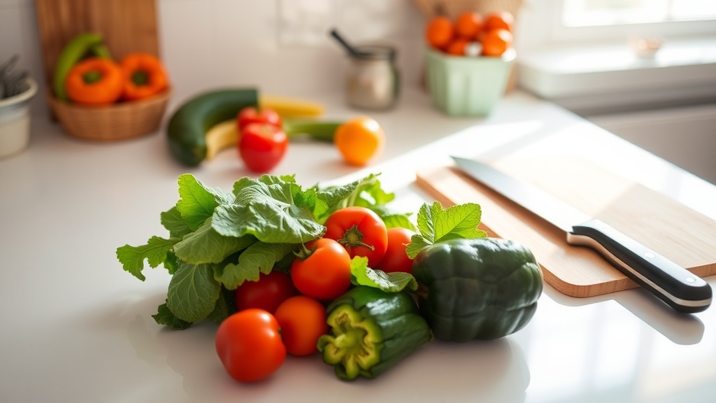 Organized kitchen countertop with fresh vegetables and cutting board