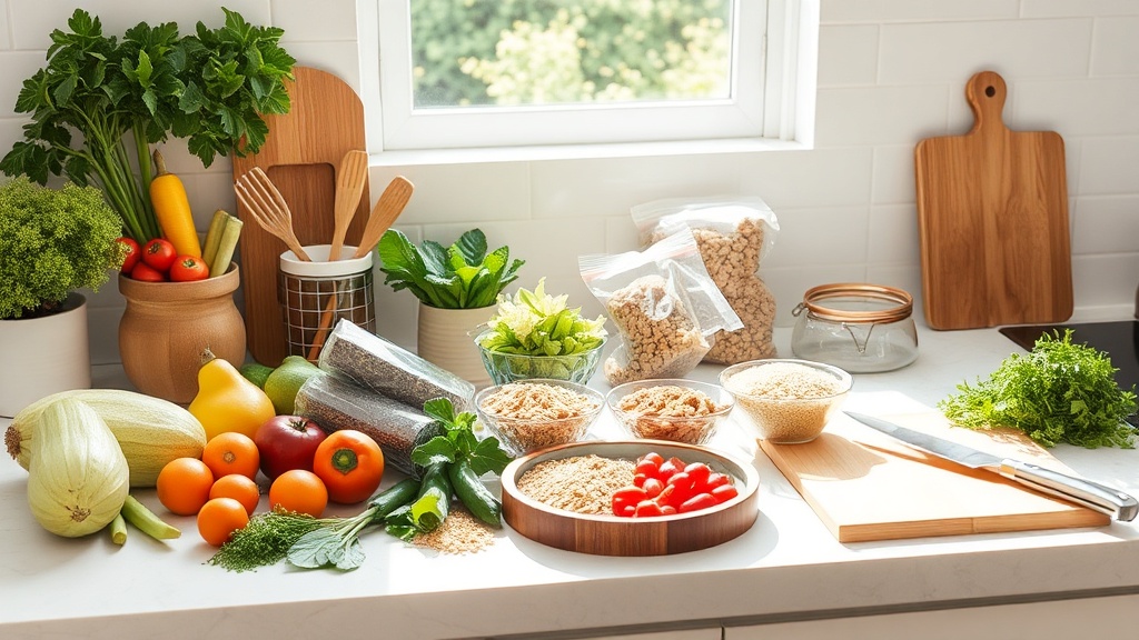 Organized kitchen countertop with fresh meal prep ingredients