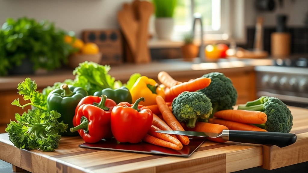 Fresh vegetables on a cutting board in a bright kitchen