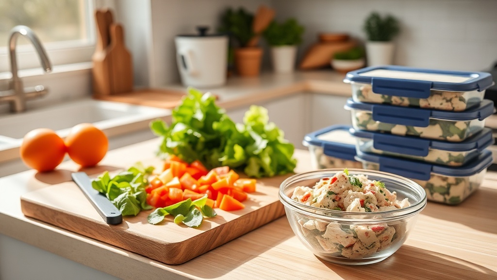 A kitchen countertop with tuna salad and meal prep containers