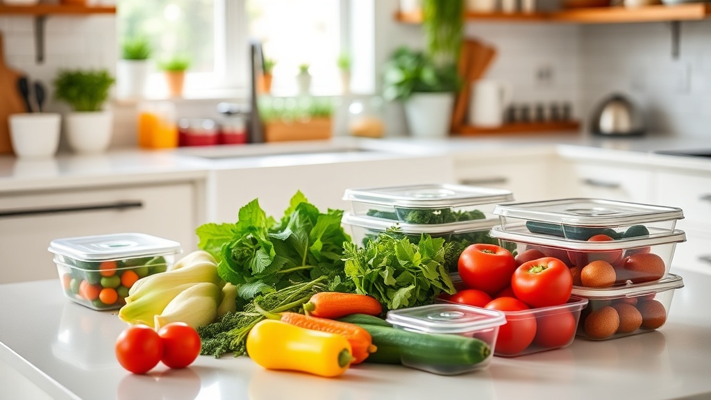 A clean kitchen prep surface with fresh ingredients ready for meal prep