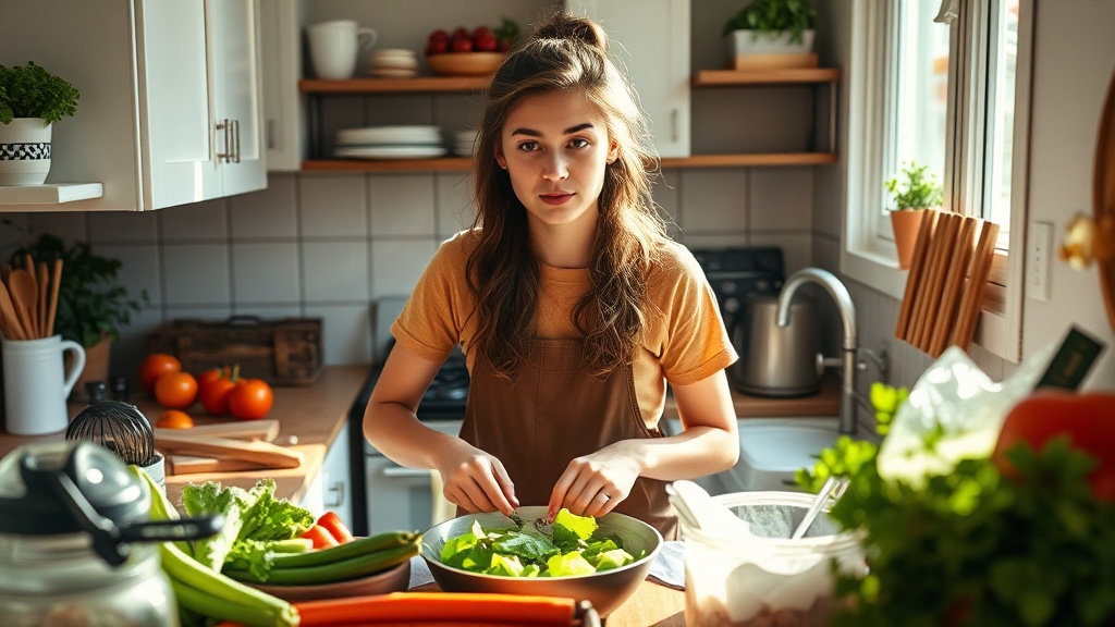 College student cooking in a small kitchen