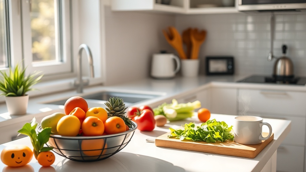 A well-organized kitchen with fresh ingredients and morning light