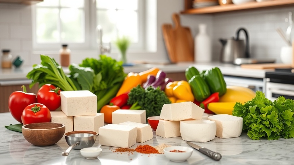 Kitchen countertop with tofu and fresh vegetables for meal prep