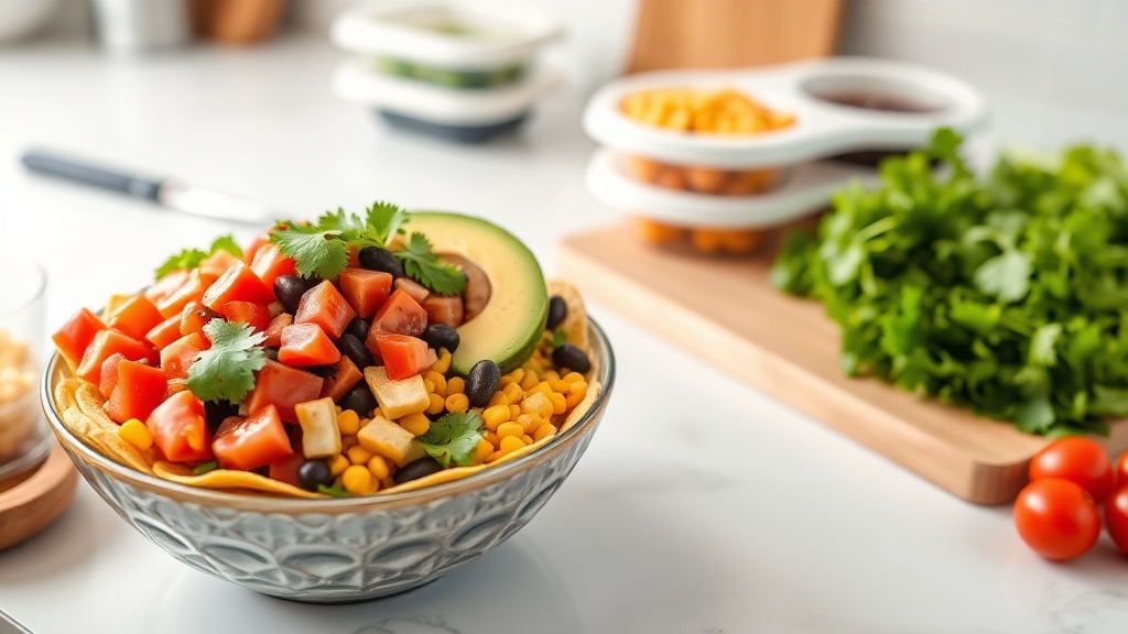 Colorful taco bowl with fresh ingredients on a kitchen countertop