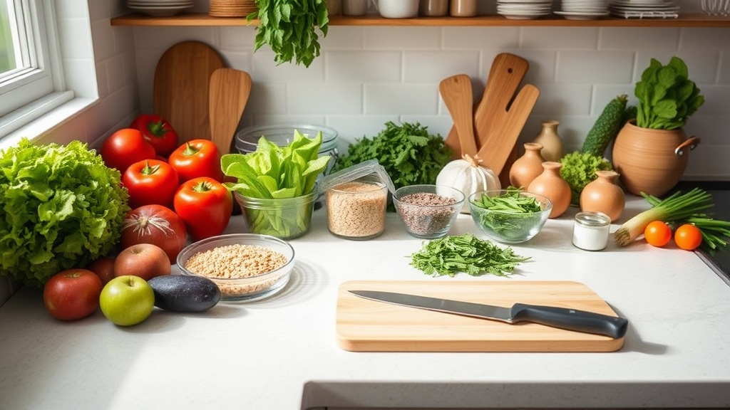 Organized kitchen countertop with fresh meal prep ingredients