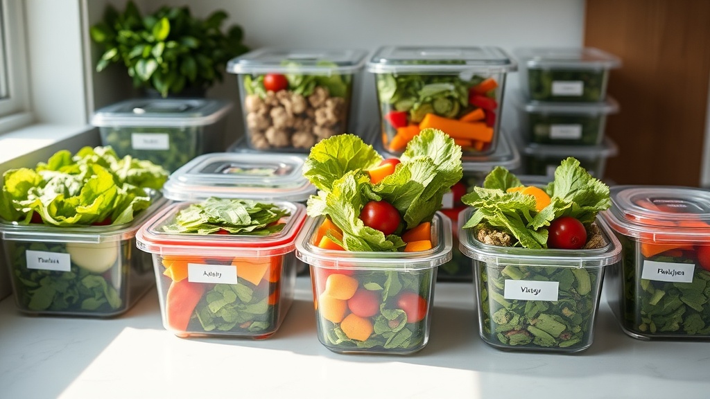 Organized meal prep station with fresh salad ingredients