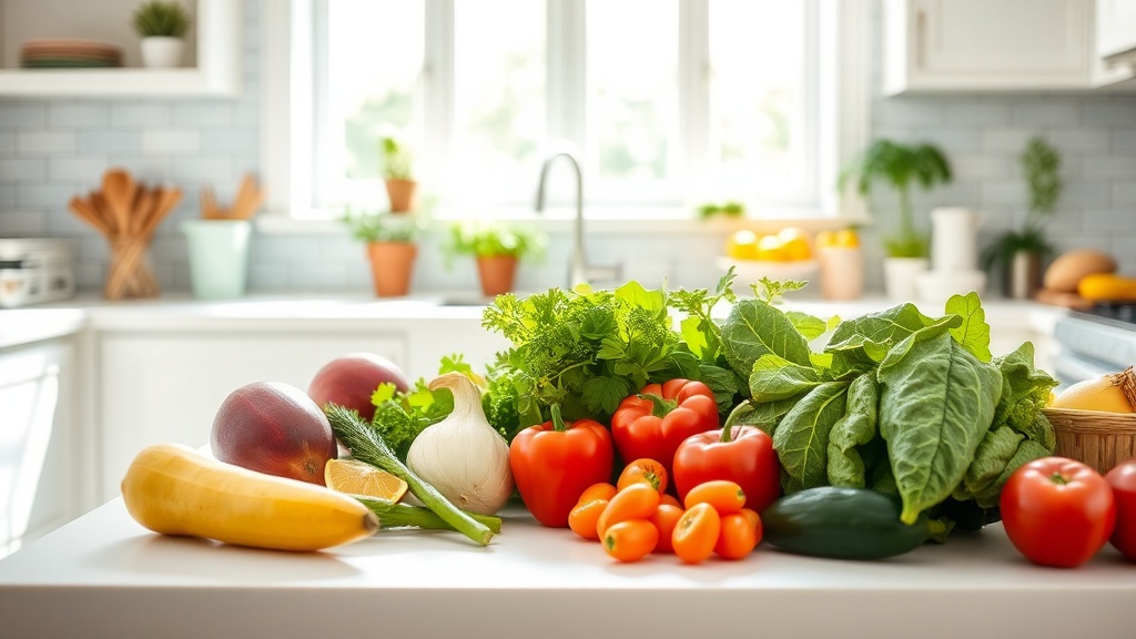 Sunlit kitchen with fresh summer produce for meal prep