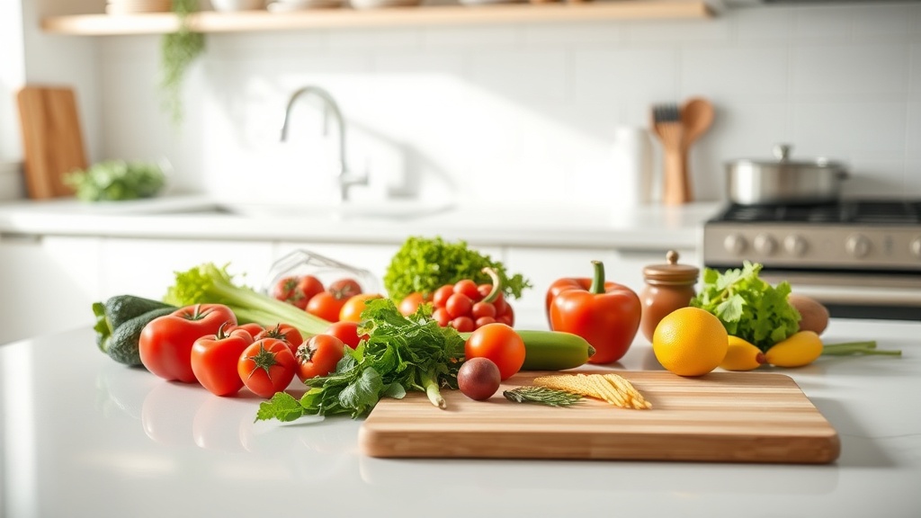 Organized kitchen countertop with fresh ingredients for meal prep