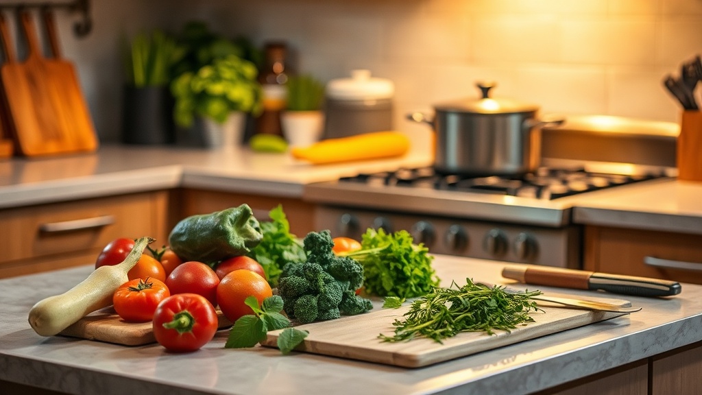 Cozy kitchen with fresh ingredients and warm lighting