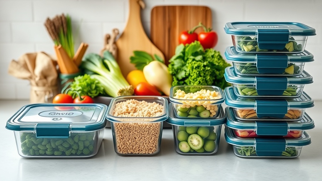 Organized kitchen countertop with fresh ingredients for meal prep