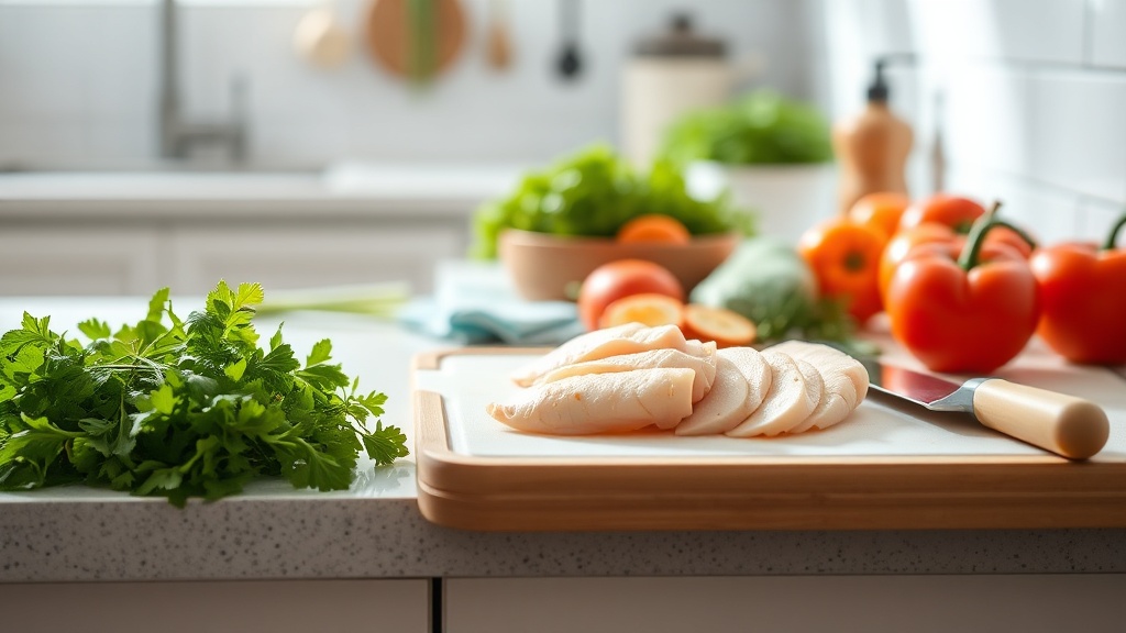 Clean kitchen countertop with fresh ingredients for meal prep