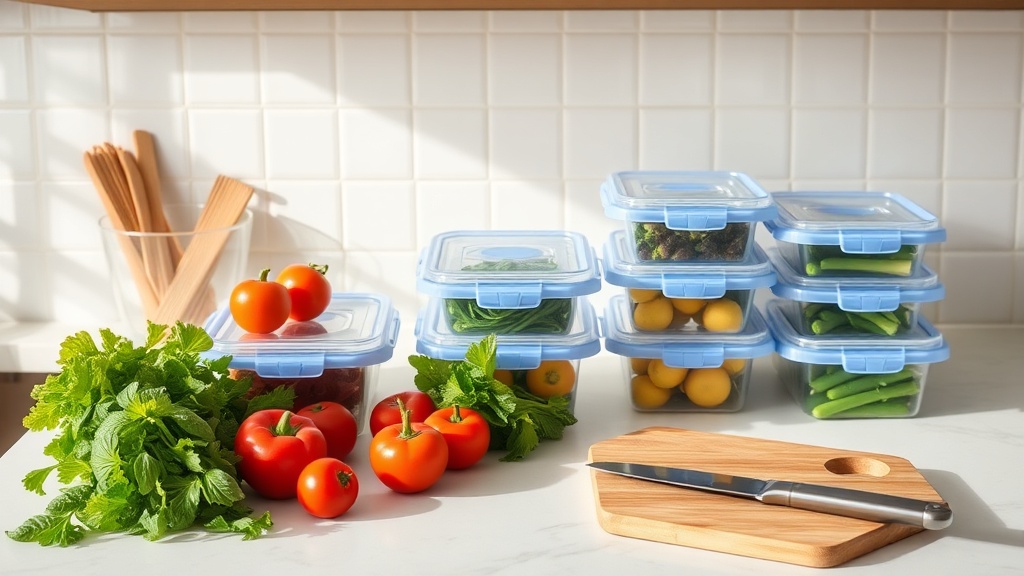 Organized kitchen countertop for meal prep with fresh vegetables and containers