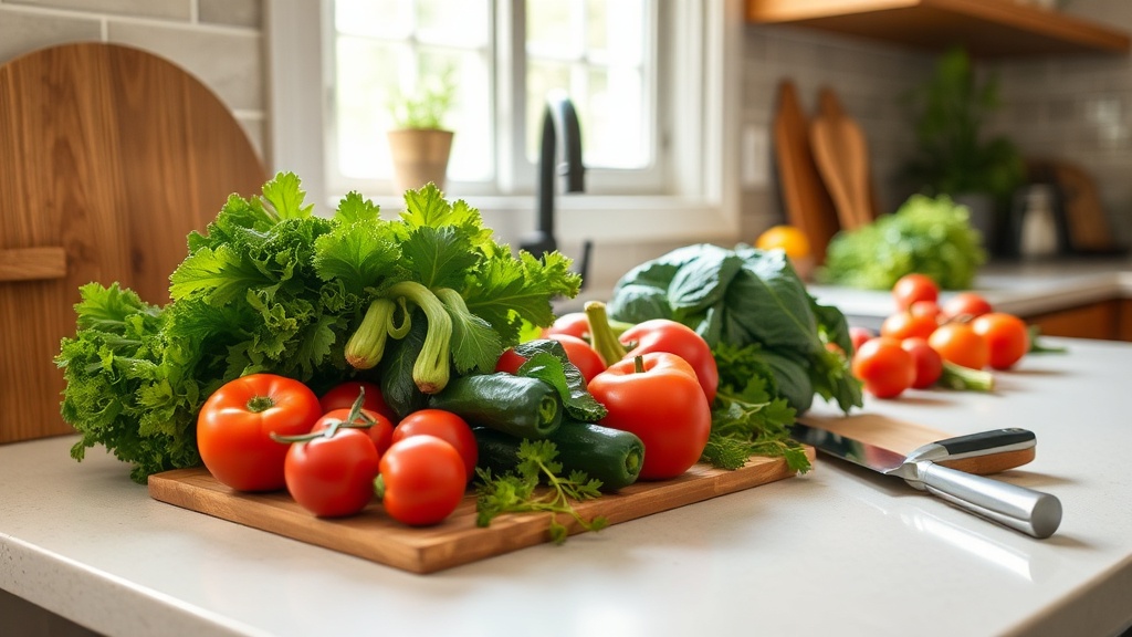 A clean kitchen countertop with fresh ingredients ready for meal prep