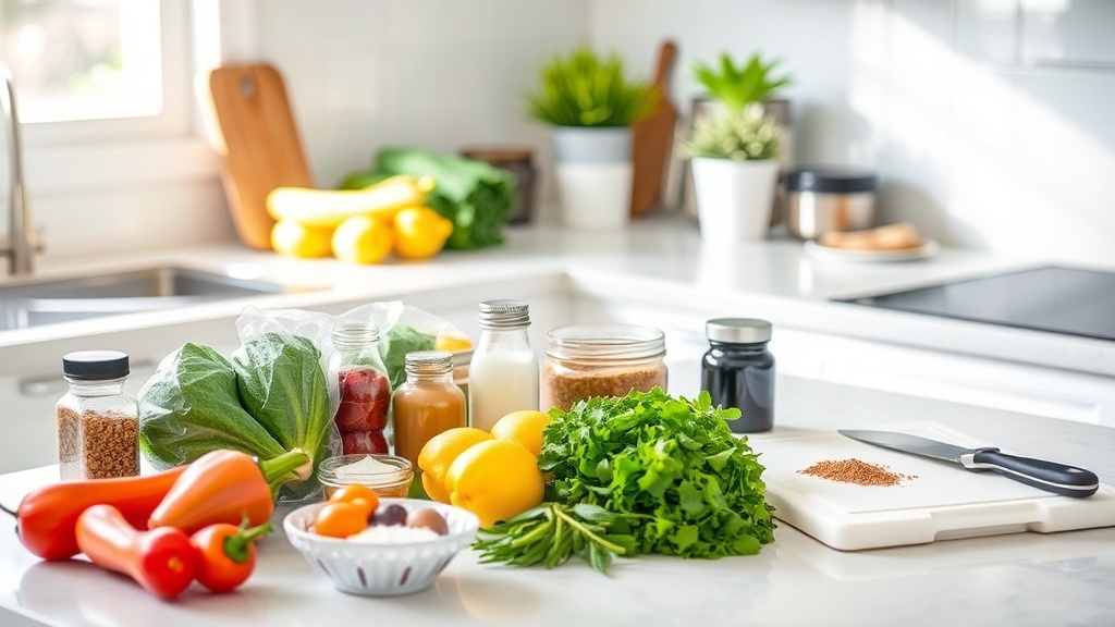 Kitchen countertop with fresh ingredients for Ramadan meal prep