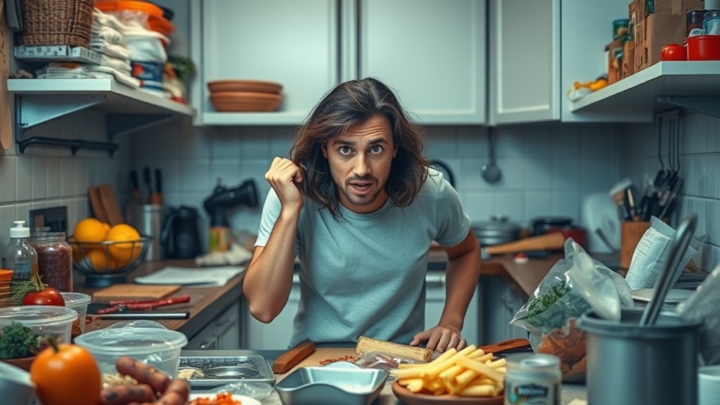 Person feeling overwhelmed in a messy kitchen during meal prep