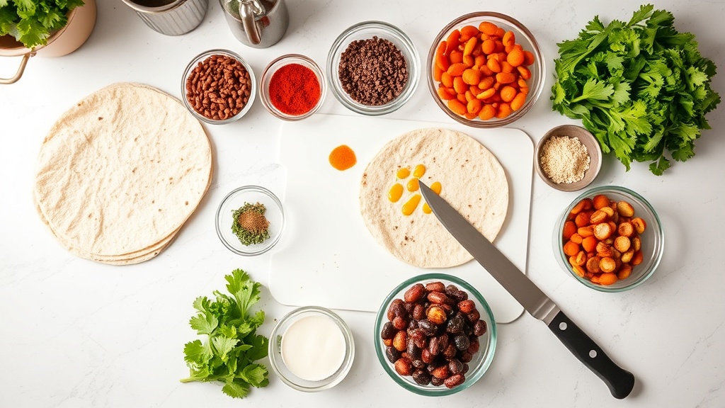 Organized kitchen countertop with ingredients for meal prepping burritos