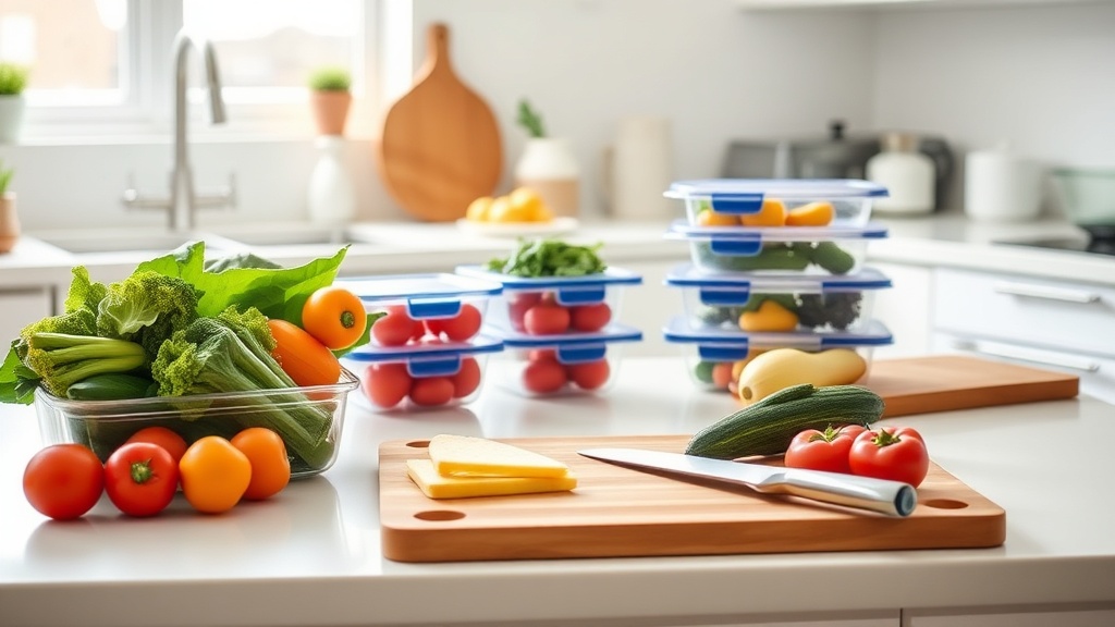 Modern kitchen with fresh ingredients and organized meal prep setup