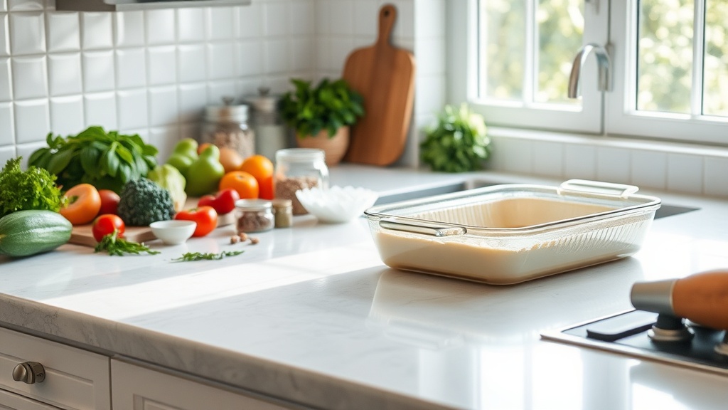 Bright kitchen with fresh ingredients and a casserole dish on a clean prep surface