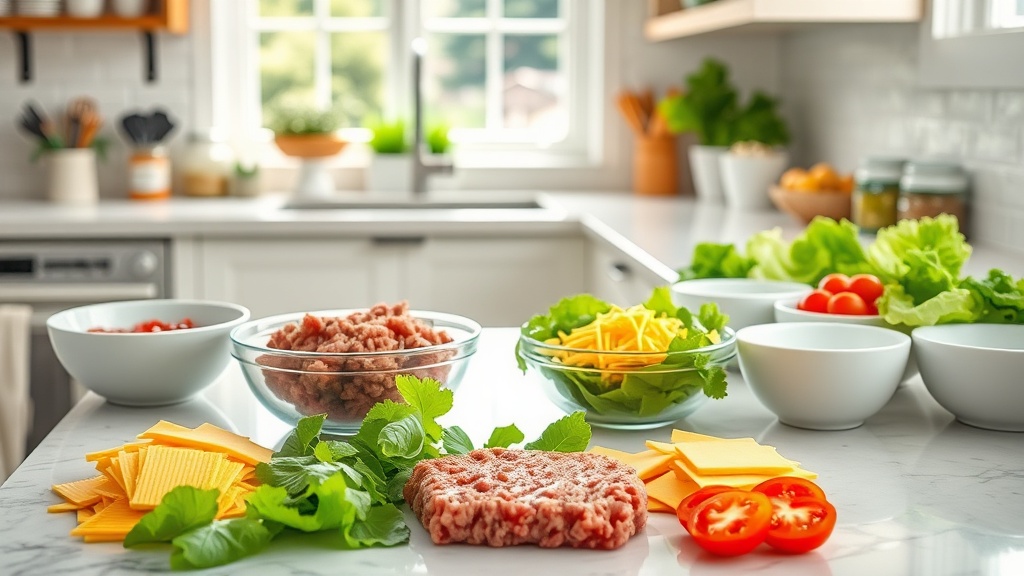 Bright kitchen with fresh ingredients for cheeseburger bowls on a clean prep surface